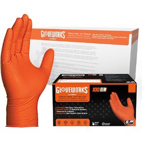 GLOVEWORKS HD Orange Nitrile Gloves, 8 mil Nitrile Disposable Gloves with Raised Diamond Texture, Mechanic Gloves Disposable