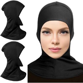 2 Pieces Modal Hijab Cap Adjustable Muslim Stretchy Turban Full Cover Shawl Cap Full Neck Coverage for Lady (Black)