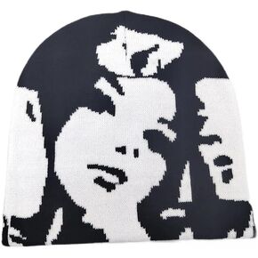 Black and White Beanie with Knitting Jacquard, Woman Face Design Double Side Knitted Hat