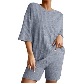 Dokotoo Women's 2 Piece Outfits Sets Crew Neck Casual Short Sleeve Tops Shorts Pants Lounge Sets