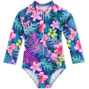 Girls Long Sleeve Swimsuit One Piece Bathing Suit Zipper UPF 50+ Rash Guard Swimwear Size 3-12T