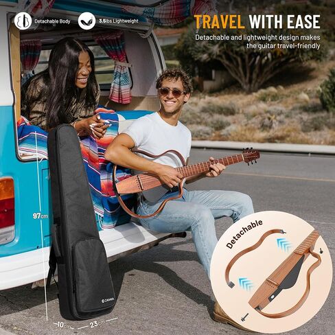 غيتار صامت صامت للسفر: غيتار صوتي كهروضوئي محمول مع حقيبة أزعج مدمجة في موالف جيتار كيت مجموعة الماهوغوني مع إطارات قابلة للإزالة in Kuwait