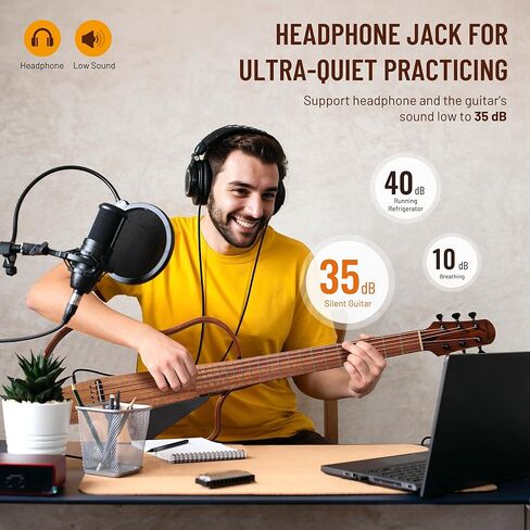 غيتار صامت صامت للسفر: غيتار صوتي كهروضوئي محمول مع حقيبة أزعج مدمجة في موالف جيتار كيت مجموعة الماهوغوني مع إطارات قابلة للإزالة in Kuwait