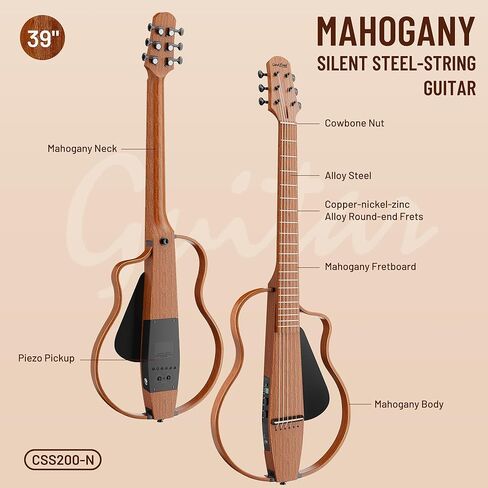 غيتار صامت صامت للسفر: غيتار صوتي كهروضوئي محمول مع حقيبة أزعج مدمجة في موالف جيتار كيت مجموعة الماهوغوني مع إطارات قابلة للإزالة in Kuwait