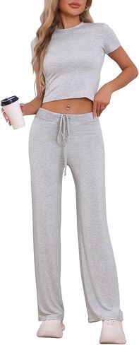 cheibear Womens 2 Piece Lounge Outfits Crew Neck Short Sleeve T-shirt 2024 Wide-Led Drawstring Pants Set Yoga Sweatsuit in Kuwait