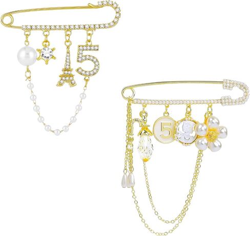 2 Pcs Vintage Number 5 Lapel Pins and Fashion Chain Brooch Imitating Rhinestone Crystal Brooch Pin in Saudi Arabia
