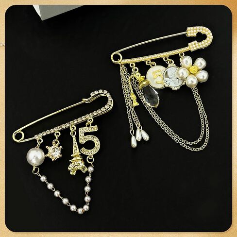 2 Pcs Vintage Number 5 Lapel Pins and Fashion Chain Brooch Imitating Rhinestone Crystal Brooch Pin in Saudi Arabia
