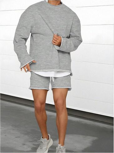 Men's 2 Piece Outfits Long Sleeve Crewneck Sweatshirt Tops and Drawstring Shorts Set Tracksuits in Saudi Arabia