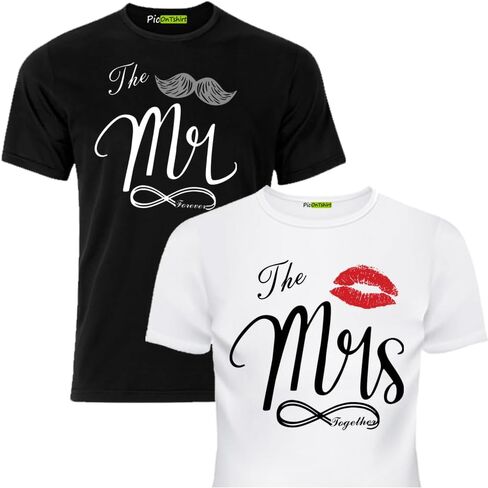 Matching Shirts Set for Couples Him and Her Mr and Mrs Husband Wife T-Shirts Black White Colors Regular Fit Outfits in Kuwait