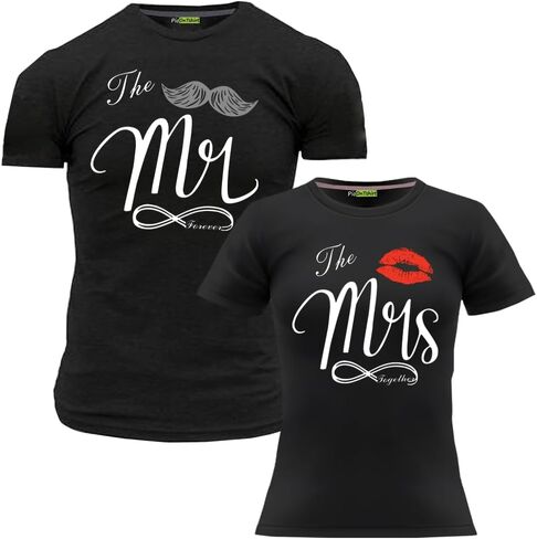 Matching Shirts Set for Couples Him and Her Mr and Mrs Husband Wife T-Shirts Black White Colors Regular Fit Outfits in Kuwait