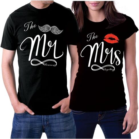 Matching Shirts Set for Couples Him and Her Mr and Mrs Husband Wife T-Shirts Black White Colors Regular Fit Outfits in Kuwait