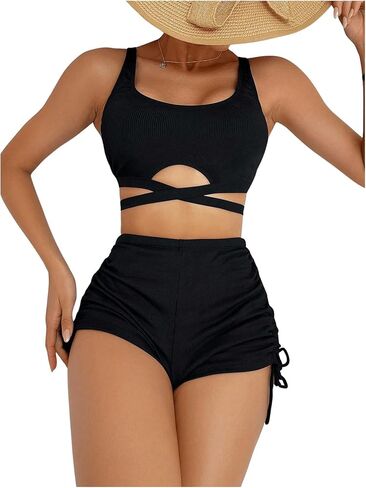 SHENHE Women's 2 Piece Swimsuit with Shorts High Waisted Ruched Boyshort Bikini Set Swimwear in Saudi Arabia