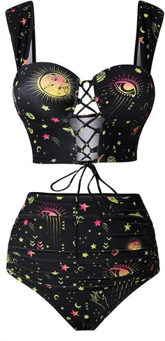 DRESSFO Bikini Set for Women Two Piece Bathing Suit High Waisted Bikini Gothic Sun and Moon Tummy Control Swimsuits in Saudi Arabia