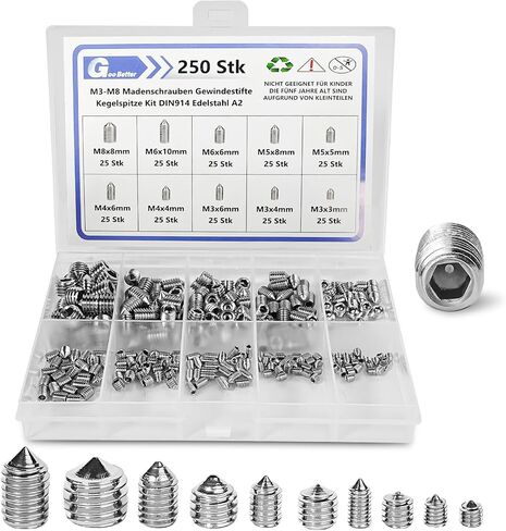 Set Screw Assortment Kit (250 Pcs) - Metric Sizes M3, M4, M5, M6, M8-304 Stainless Steel Cupped & Hex Head Screws - Perfect for Door Knobs, Home Repair, Furniture, and More! in Saudi Arabia