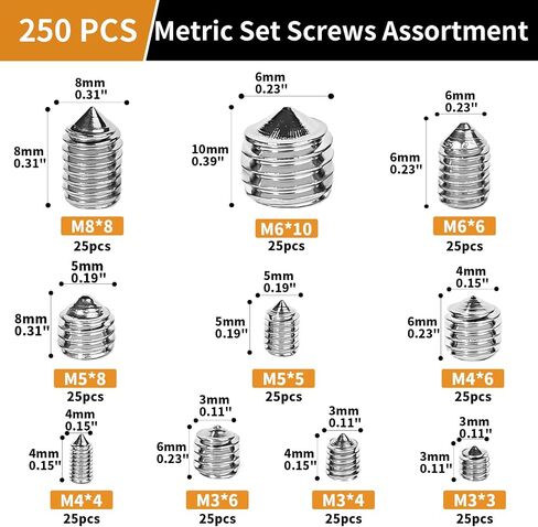Set Screw Assortment Kit (250 Pcs) - Metric Sizes M3, M4, M5, M6, M8-304 Stainless Steel Cupped & Hex Head Screws - Perfect for Door Knobs, Home Repair, Furniture, and More! in Saudi Arabia