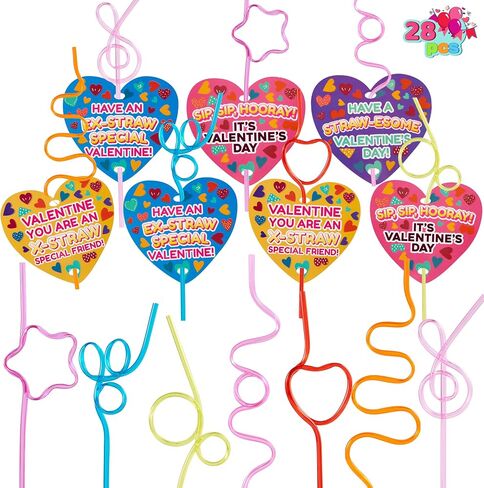 JOYIN 28 Pack Valentines Day Gift Cards with Gift Colorful Crazy Loop Reusable Drinking Straws for Classroom Exchange Prizes, Valentine Party Favors Toy in Saudi Arabia