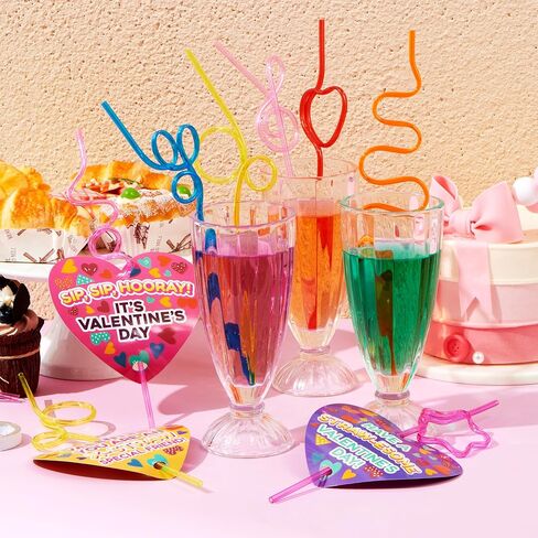 JOYIN 28 Pack Valentines Day Gift Cards with Gift Colorful Crazy Loop Reusable Drinking Straws for Classroom Exchange Prizes, Valentine Party Favors Toy in Saudi Arabia
