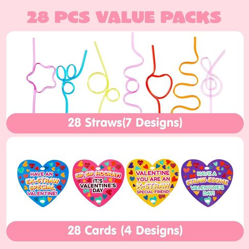 JOYIN 28 Pack Valentines Day Gift Cards with Gift Colorful Crazy Loop Reusable Drinking Straws for Classroom Exchange Prizes, Valentine Party Favors Toy in Saudi Arabia