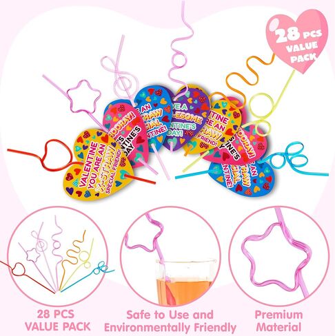 JOYIN 28 Pack Valentines Day Gift Cards with Gift Colorful Crazy Loop Reusable Drinking Straws for Classroom Exchange Prizes, Valentine Party Favors Toy in Saudi Arabia
