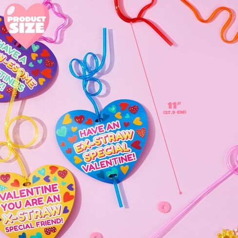JOYIN 28 Pack Valentines Day Gift Cards with Gift Colorful Crazy Loop Reusable Drinking Straws for Classroom Exchange Prizes, Valentine Party Favors Toy in Saudi Arabia