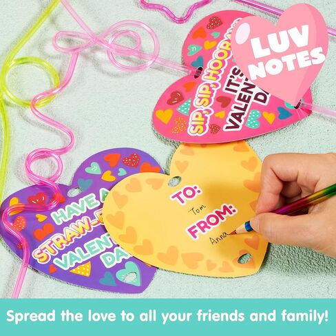 JOYIN 28 Pack Valentines Day Gift Cards with Gift Colorful Crazy Loop Reusable Drinking Straws for Classroom Exchange Prizes, Valentine Party Favors Toy in Saudi Arabia