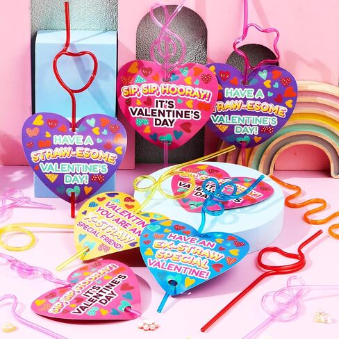 JOYIN 28 Pack Valentines Day Gift Cards with Gift Colorful Crazy Loop Reusable Drinking Straws for Classroom Exchange Prizes, Valentine Party Favors Toy in Saudi Arabia