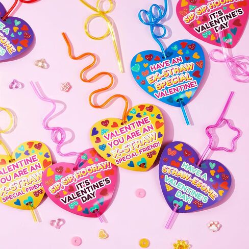 JOYIN 28 Pack Valentines Day Gift Cards with Gift Colorful Crazy Loop Reusable Drinking Straws for Classroom Exchange Prizes, Valentine Party Favors Toy in Saudi Arabia