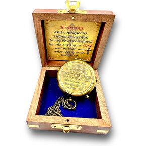Be Strong and Courageous Engraved Compass with Wooden Case - Commando Antique Finish | Inspirational Gift for Men, Women, Boys & Girls | Graduation, Birthday, or Retirement Keepsake