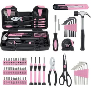 58 Piece Household Tool Set, General Household Hand Tool Kit with Plastic Toolbox Storage Case, All Purpose Household Tool Kit for Women, Girls and Ladies, Pink