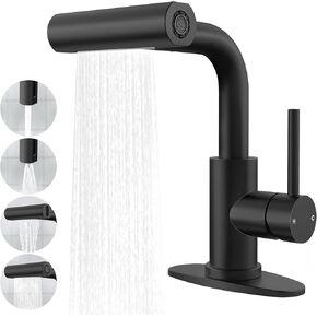 Bathroom Sink Faucet with Pull Down Sprayer - Matte Black Bathroom Faucets for Sink 1 Hole or 3 Holes, 4 Mode Single Handle Black Vanity Faucet 360° Swivel Spout Waterfall Lavatory Faucet