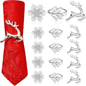 Patelai 6 Pcs Christmas Napkin Rings Metal Leaf Napkin Holders Xmas Elk Reindeer Napkin Buckle Rhinestone Snowflake Napkin Ring Holders Dinner Table Rings Decoration for Christmas (Silver)