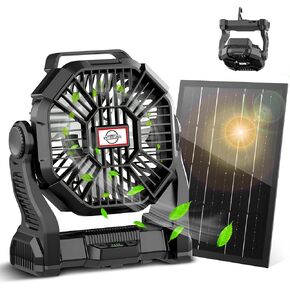 Solar Fan,10400mAh Battery Powered Camping Fan with Solar Panel,7W Rechargeable Camping Fan for Outdoor,LED Lantern, Stepless Speed and Quiet Battery Operated Tent Fan for Tent,Outside, Office
