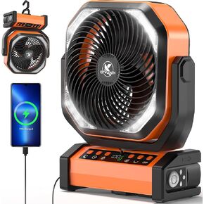 Camping Fan with Light - 20000mAh Rechargeable Battery Fan, 112Hrs Max Run Time, 9 Speeds, Digital Display, Timer, Auto Oscillation, 270° Pivot & Hook for Camping, Power Outage, Hurricane (Orange)