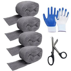 Steel Wool Mice Control - 4 Pack 3'' x 11Ft Wool - Steel Wool Wire Wool Rats Included Work Gloves & Scissors - Wall Hole Gap Filler Kit for Home & Garage
