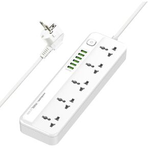 K KRIËGER Universal Power Strip Surge Protector, 5 Outlets, 6 USB Ports, Child Saftey Latch, On/Off Power Button, 2M Extension Cord, Flat Plug for Charging Home, Office & Travel Accessories -Type E/F