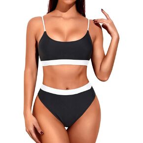 Tempt Me Women High Waisted Bikini Set Athletic Two Piece Swimsuits Sporty High Cut Bathing Suit with Scoop Neck