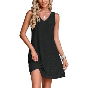 SimpleFun Women's Swimsuit Coverup Eyelet Sleeveless Bathing Suit Cover Up Swimwear Beach Cover Ups Tank Dress with Pockets