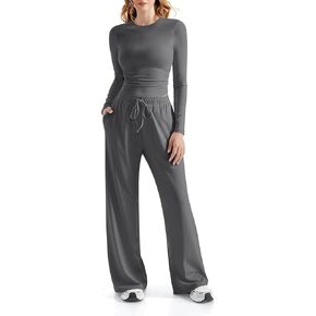 RXRXCOCO Women's 2 Piece Lounge Sets Ruched Long Sleeve Crop Tops Wide Leg Pants Casual Outfits Matching Sets Tracksuits Dark grey Medium