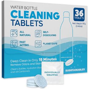 Water Bottle Cleaning Tablets – 36-Pack, Chlorine-Free and Odorless Cleaner for Hydration Bladders, Stainless Steel, Tumblers, and Glass Bottles - Removes Stubborn Stains and Odors