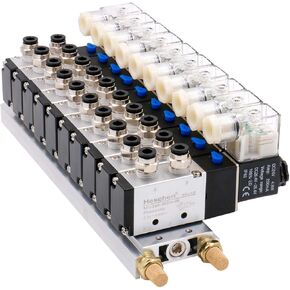 10 Space Manifold Solenoid Valve 4V210-08 24VDC PT1/4 inch 5 Way 2 Position with Base Muffler 4mm Quick Fittings Set