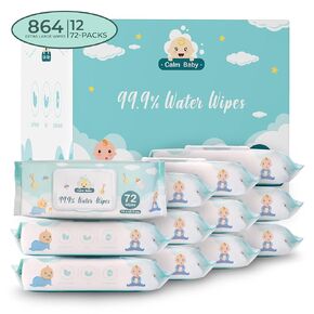 Calm Baby Wipes, 864 wipes, 16 x 8.5 cm Extra Large Bath Wipes (Pack of 12) 99% Water Based Wipes,Plastic Free, Organic Wipes,Hypoallergenic and Unscented for Sensitive Skin.