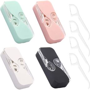 [4 Pack] Portable Floss Dispenser with 48 Dental Floss, Flosser Storage Box for Adults, Tooth Picks Holder Suitable for Tourism and Business Trips, White+Black+Pink+MintGreen