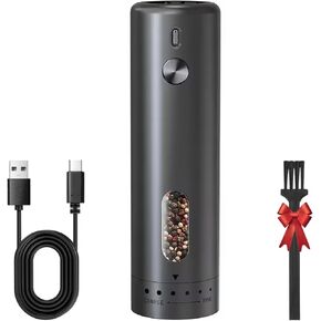 Pepper Grinder, Electric Salt and Pepper Mill Grinder, Adjustable Coarseness, Ceramic Grinding Elements, Rechargeability with LED Light, One Hand Automatic Operation Black