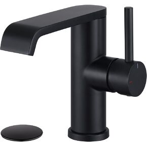 TONNY Black Bathroom Faucet, Single Hole Waterfall Bathroom Faucet, Matte Black Single Handle Bathroom Faucets for Sink 1 Hole with Pop Up Drain and Water Supply Hoses