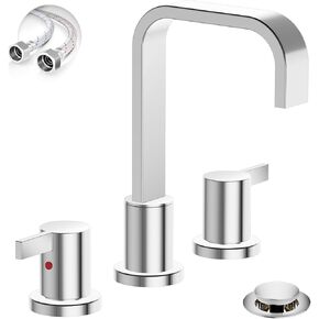Phiestina Waterfall 8 Inch 3 Hole Widespread Bathroom Faucet, Chrome Modern Bathroom Sink Faucet with Metal Pop Up Drain and Water Supply Line, WF040B-1-C