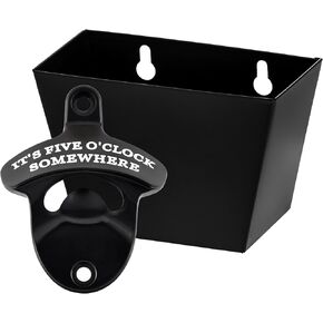 Black Wall Mounted Bottle Opener with Cap Catcher Stainless, IT'S FIVE O'CLOCK SOMEWHERE Screw in Wall Beer Cap Opener Bucket Gift