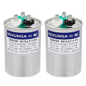 2PCS 40+5uF 40/5MFD 370V or 440V Dual Run Start Round UL Listed AC Capacitor 40 5 uF MFD 370 440 Volt VAC CBB65 Air Conditioner Capacitors for Fan Motor or Heat Pump or Condenser Straight Cool