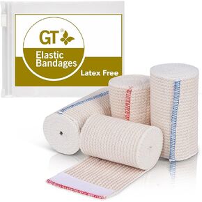 Premium Elastic Bandage Wraps (4" 2Pack & 3" 2Pack) -Made of Grown Organic Cotton - Hook & Loop Fasteners at Both Ends - GT Latex Free Hypoallergenic Compression Roll for Sprains & Injuries