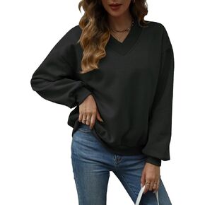 SKAYS Womens Oversized V Neck Sweatshirt Fleece Lining Pullover Long Sleeve Drop Shoulder Teen Preppy Clothes