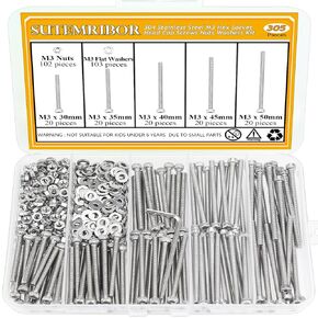 305 Pieces M3 x 30/35/40/45/50mm Hex Socket Head Cap Screws Nuts Washers Set Silver, Sutemribor M3 Long Screws, M3 Stainless Screws Nuts Washers Assortment Kit, 304 Stainless Steel, Fully Threaded